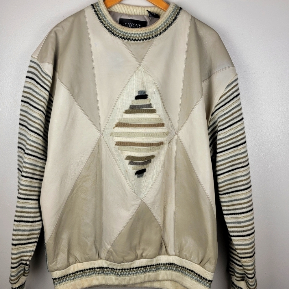 Vintage Saxony Striped Knit Leather Patchwork Sweater Large Ivory Tan